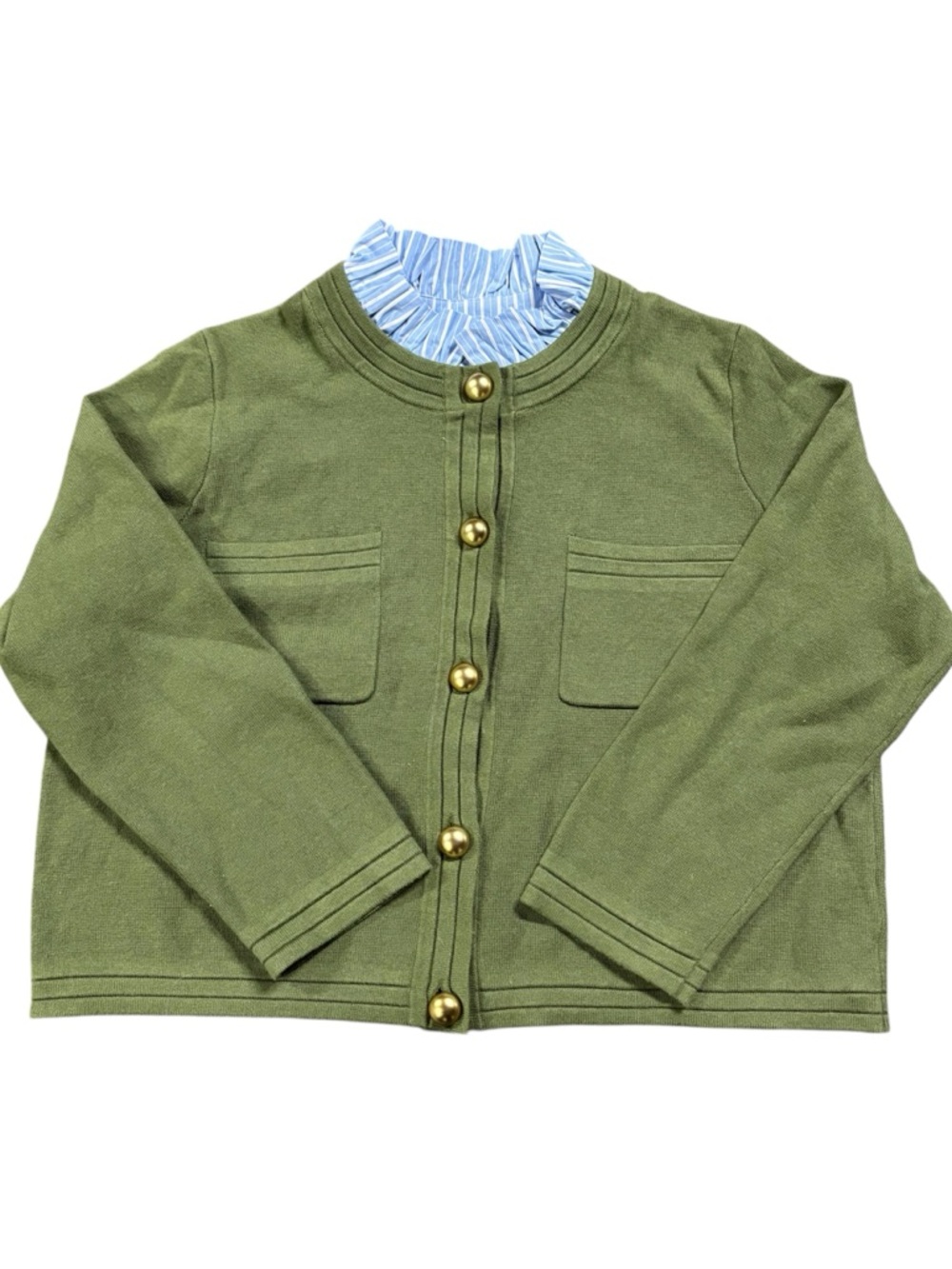 NWT Free Assembly Green Cardigan Ruffle Collar Gold Button Sweater XL Preppy